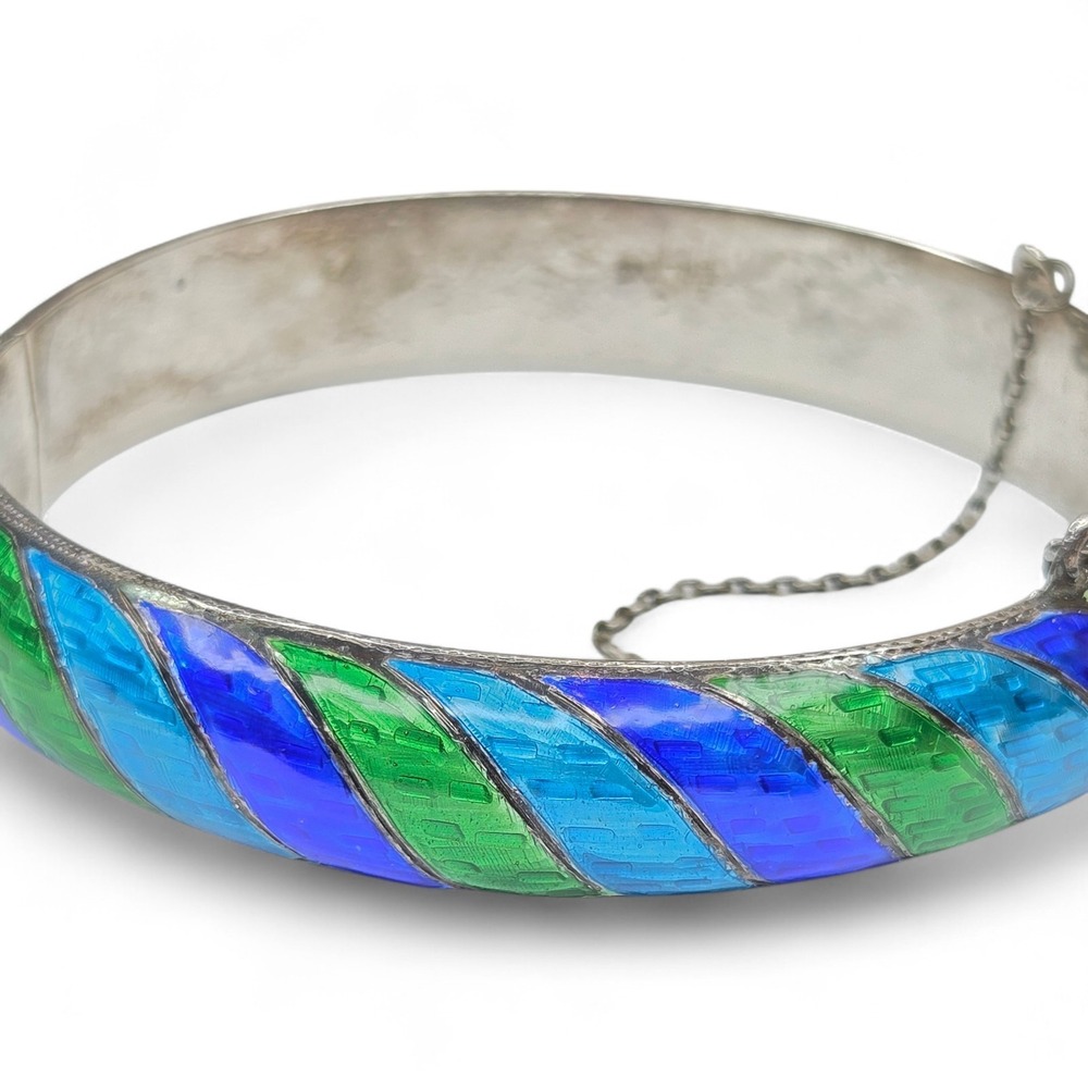Vintage Sterling Silver 925 Enamel Blue Green Hinged Bangle Bracelet Earring Set - Picture 4 of 13